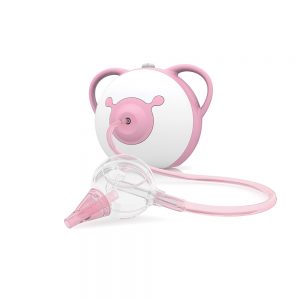 Öffnen Sie das Foto des Nosiboo Pro elektrischen Baby Nasensaugers in rosa Farbe mit seinen Auszeichnungen