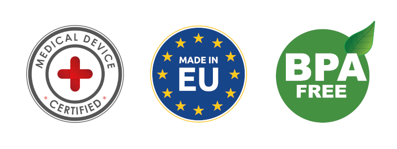 Badges avec inscriptions « Dispositif médical », « Fabriqué dans l'UE » et « Sans BPA ».