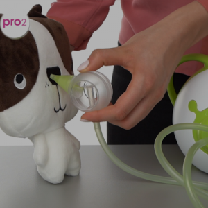 Demonstration of the use of the Nosiboo Pro Nasal Aspirator on a plush toy.