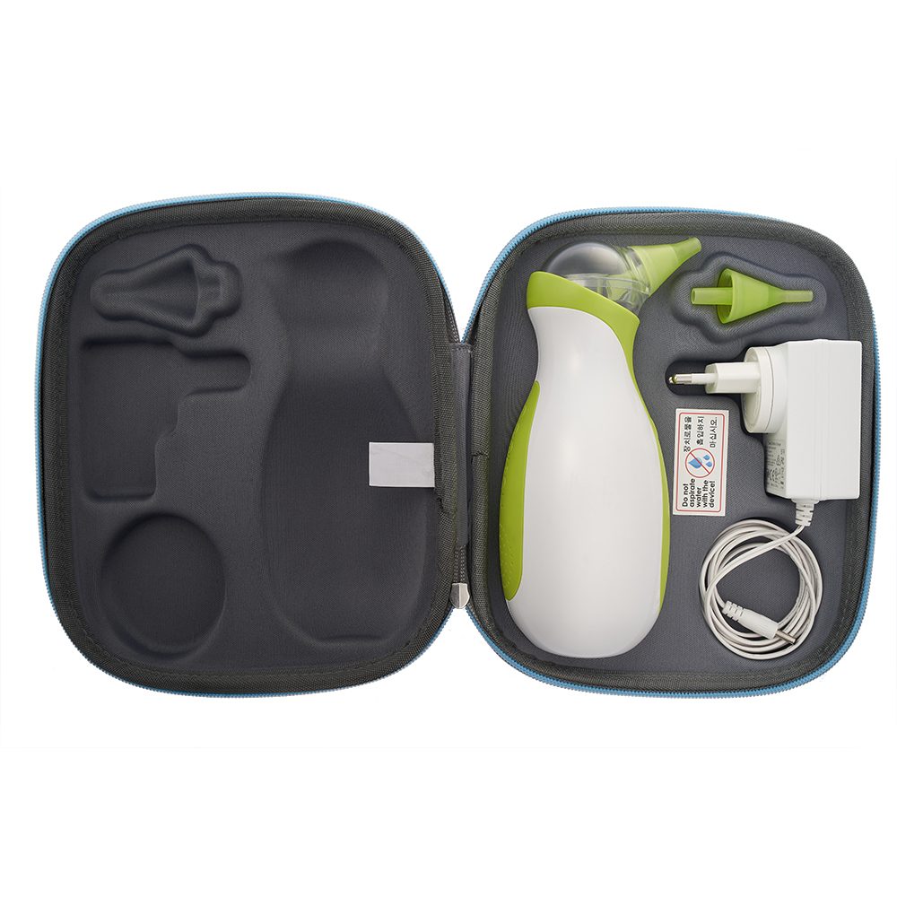 A top view of an open Nosiboo Bag Go Travel Case with the Nosiboo Go portable nasal aspirator inside, a spare nose tip and a charger.
