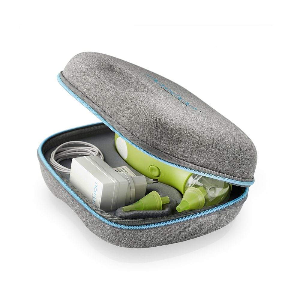 An open Nosiboo Bag Go Travel Case with a Nosiboo Go portable nasal aspirator inside.