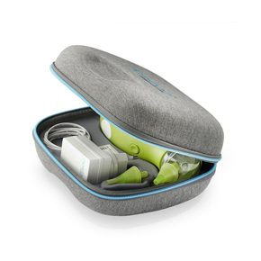 An open Nosiboo Bag Go Travel Case with a Nosiboo Go portable nasal aspirator inside.