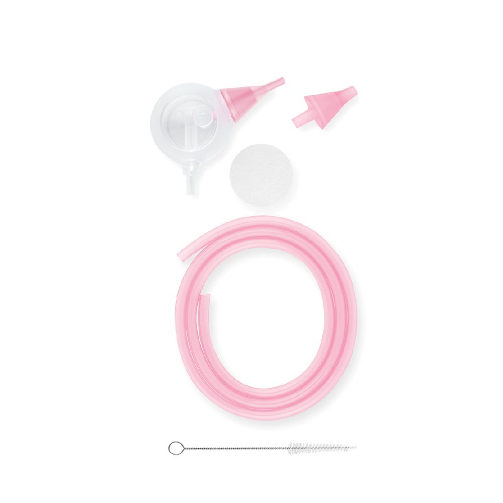 Parts of the pink Nosiboo Pro Accessory Set.