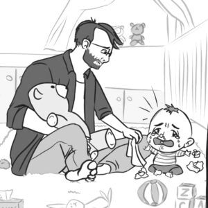 A drawing of a father trying to calm his son down with the help of a plush toy and a tissue.
