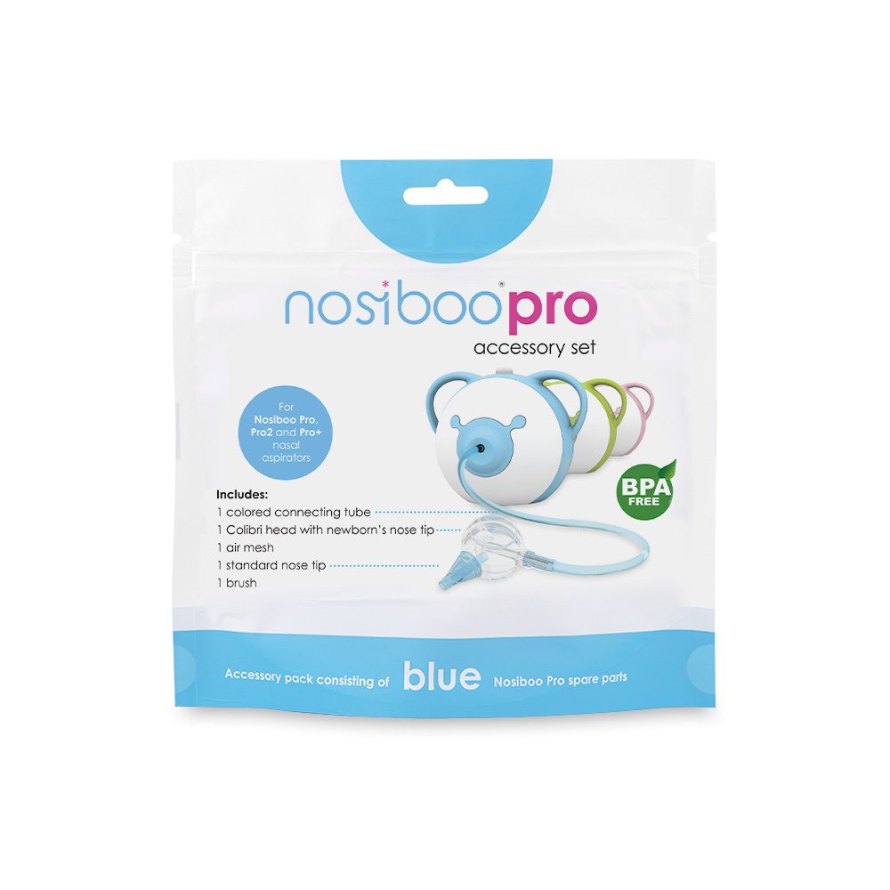 The package of the blue Nosiboo Pro Accessory Set.