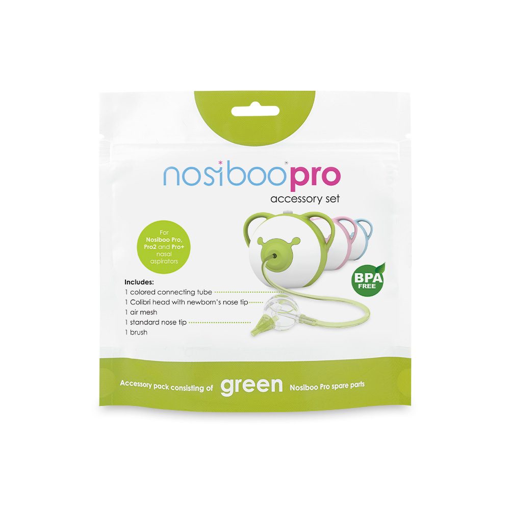 The package of the green Nosiboo Pro Accessory Set.