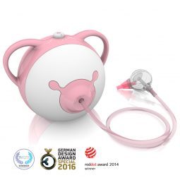 Öffnen Sie das Foto des Nosiboo Pro elektrischen Baby Nasensaugers in rosa Farbe mit seinen Auszeichnungen