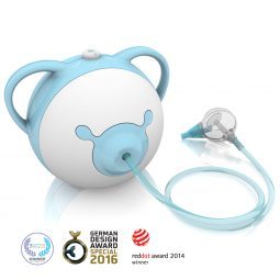 Öffnen Sie das Bild des Nosiboo Pro elektrischen Baby Nasensaugers in blauer Farbe inklusive Auszeichnungen