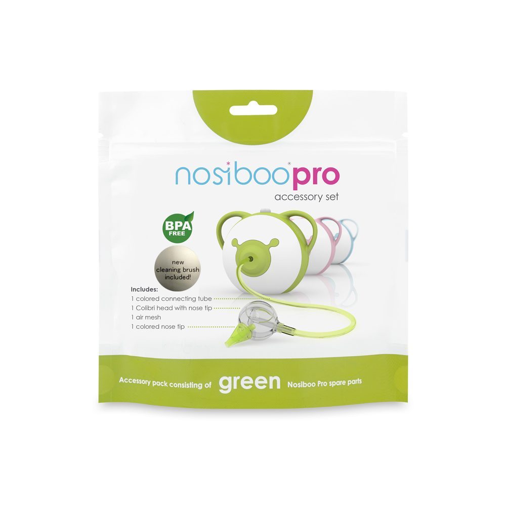 Die Verpackung des Nosiboo Pro Accessory Sets in grüner Farbe