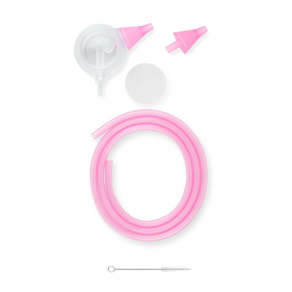 Les éléments de l'ensemble d'accessoires Nosiboo Pro en couleur rose : tête Colibri, embout nasal rose, maillage d'air, tube d'aspiration rose, brosse de nettoyage