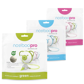 Erfahren Sie mehr über das Nosiboo Pro Accessory Set in drei Farben: blau, grün und pink
